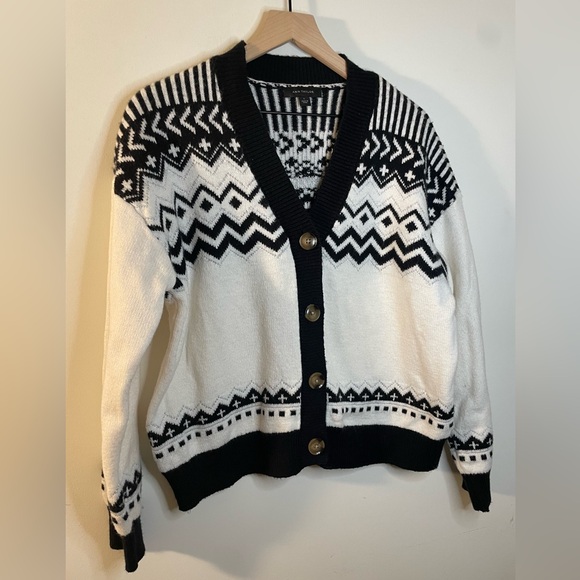 NWOT Ann Taylor Fair Isle Cardigan Wool Sweater Large Black $109 Size Winter - Picture 4 of 8